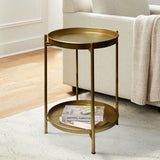20 Inch High Round Side End Table with 2 Tier Iron Frame; Matte Gold; DunaWest